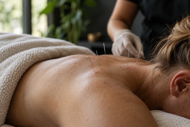 Illustration av dry needling med tunna nålar vid axeln