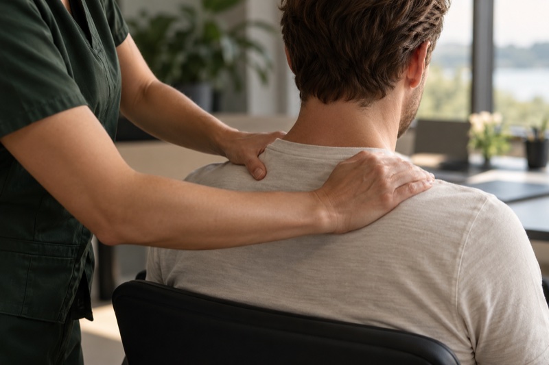 Illustration av axelmassage på en arbetsplats